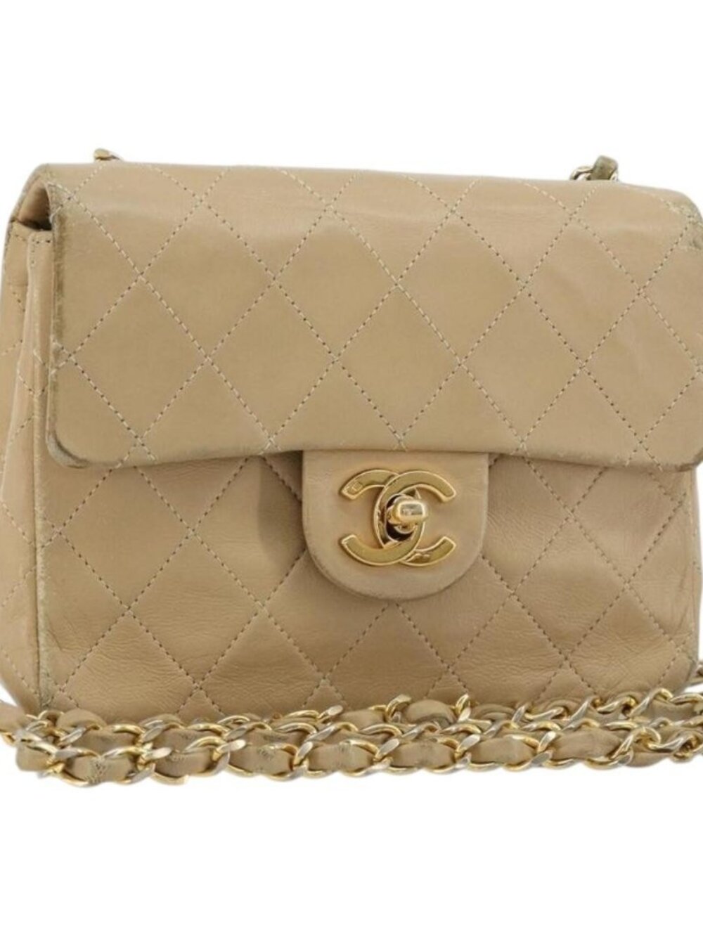 CHANEL Mini Matelasse Chain Shoulder Bag Lamb Skin Beige Gold CC Auth ka4523A